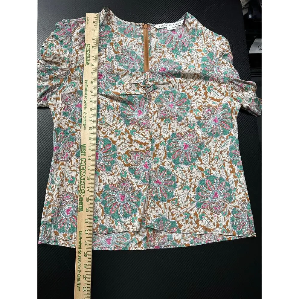 Veronica Beard Henrieta Floral Top Silk Stretch Sz 12 Half Sleeve V Neck Preppy - Picture 7 of 15